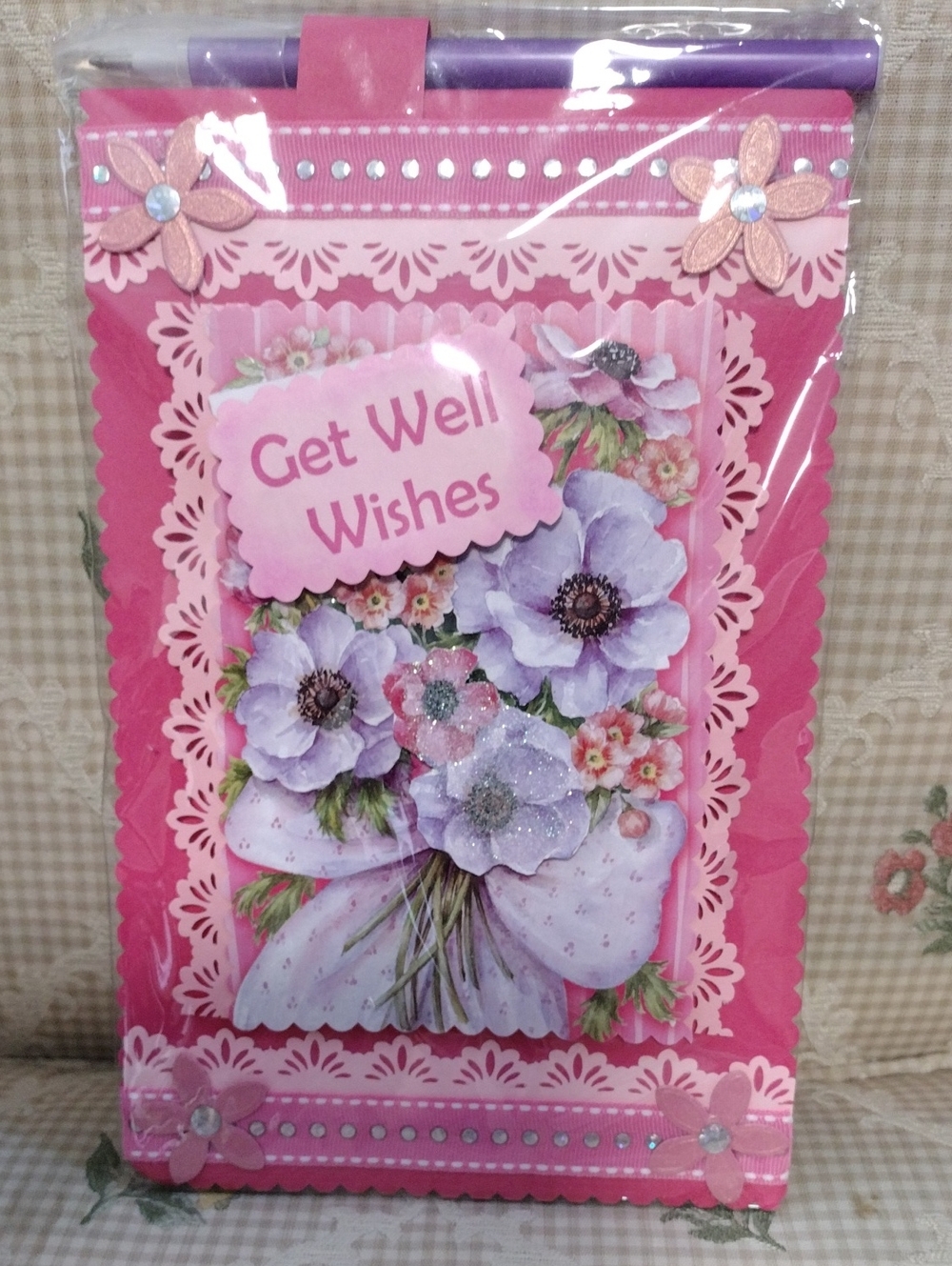 Get Well Wishes Pink Floral Custom Notepad with Pen